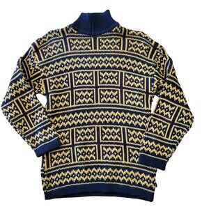 Vintage Esprit Sport Yellow Navy Blue Geometric Knit Cotton Sweater‎ High Neck M